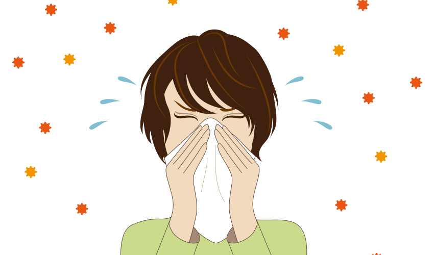 illustration of woman sneezing, allergens in the air